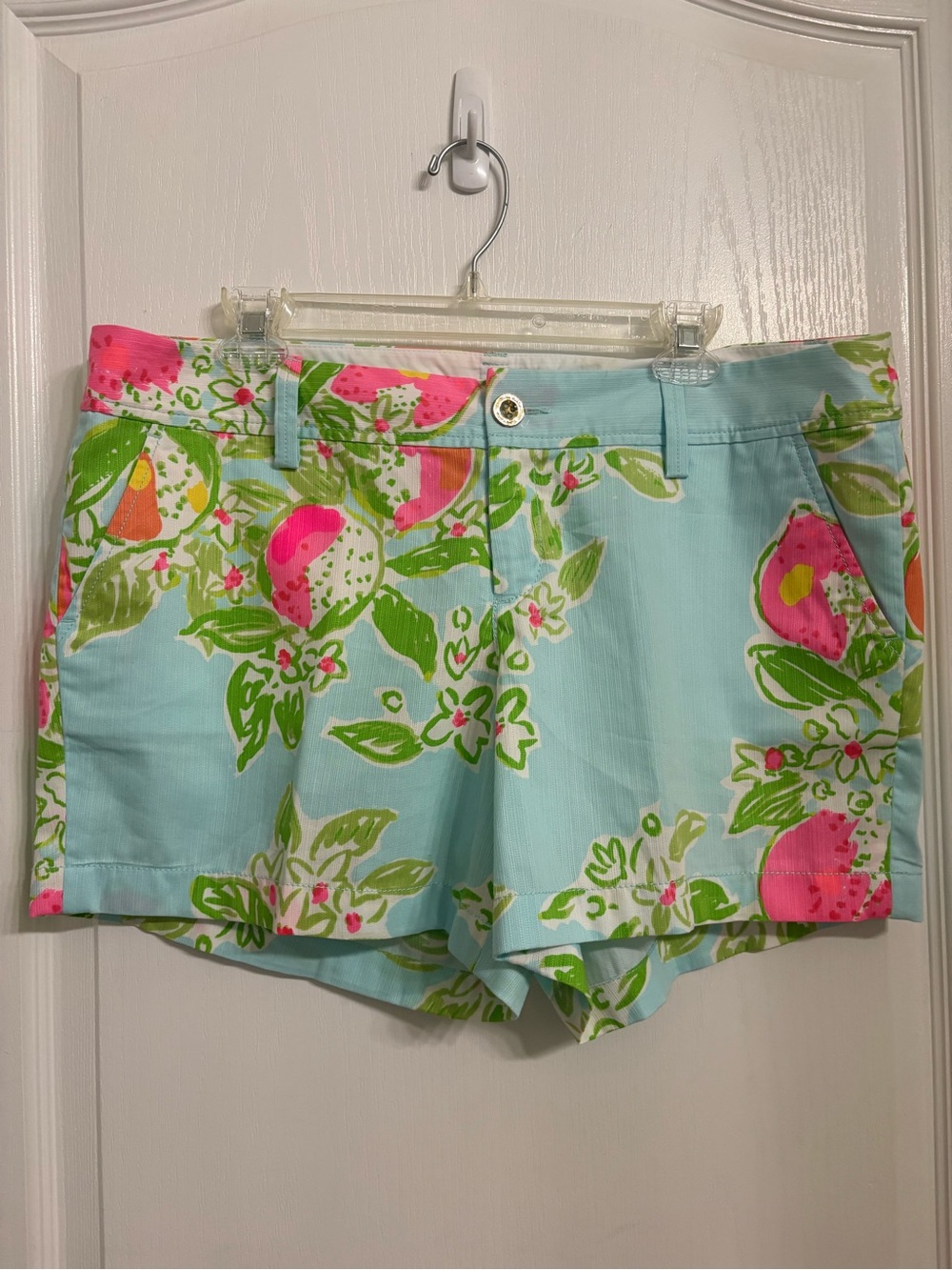 Lilly Pulitzer Callahan Shorts Pink Lemonade Pool Blue Mid Rise Size 14